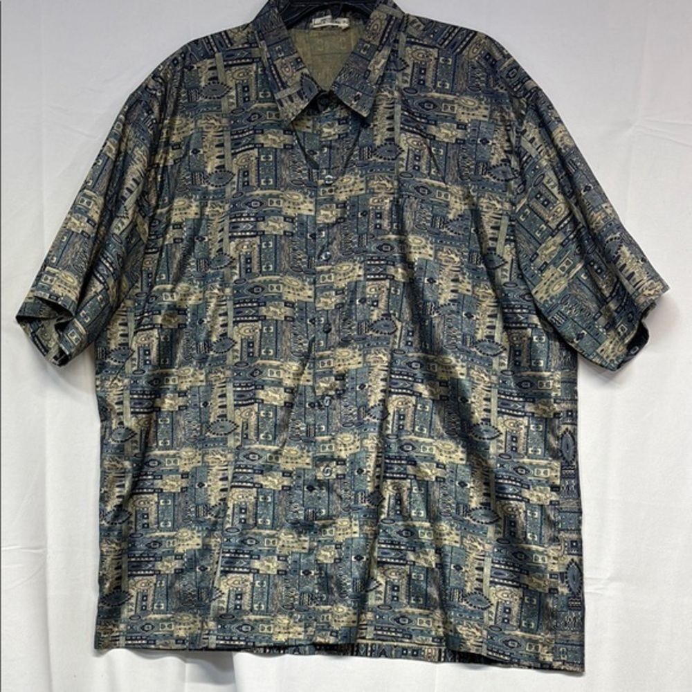 THAI Silk made in Thailand tribal short sleeve full button up  blue & tan shirt